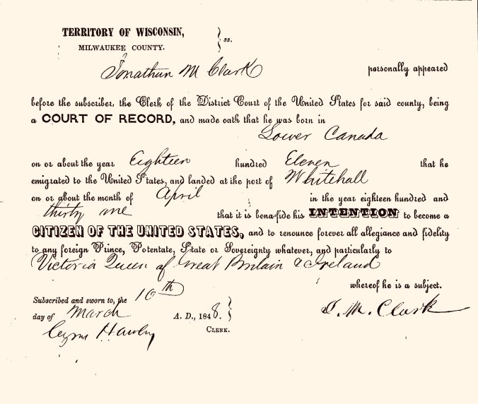 CLARK, Jonathan M naturalization 1st papers 1848 (retouched)